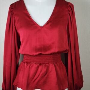 Vince Camuto Red‎ Top S Date Night Romantic V-Neck Satin Blouse Elastic Waist